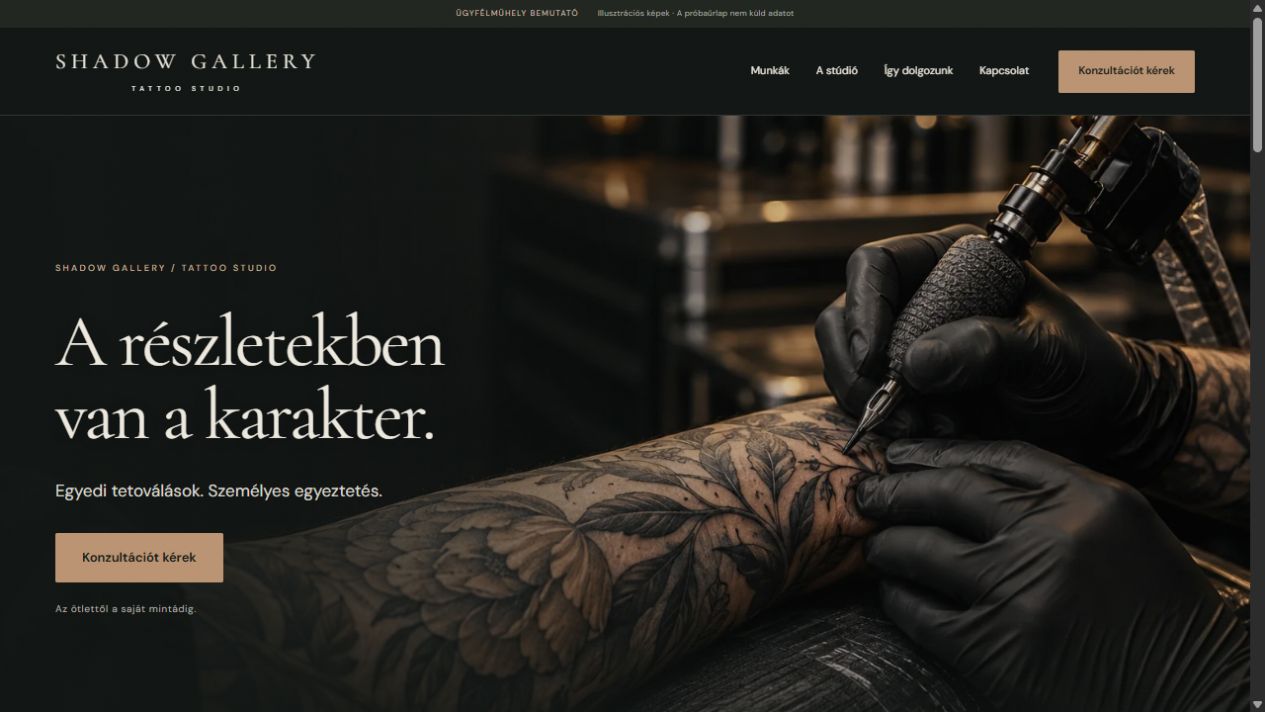 Az új Shadow Gallery tetoválóstúdió-weboldal nyitóképe