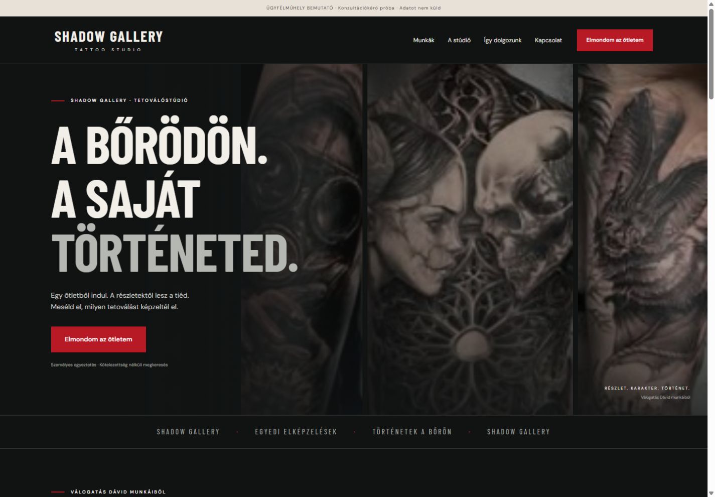 A Shadow Gallery fekete-piros portfólióoldalának főoldala